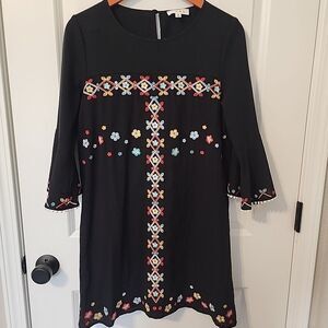 THML Shift Dress Embroidered Floral Trim Size M Black Bell Sleeve Boho Folk